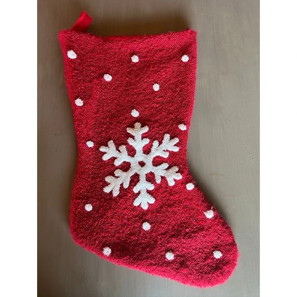 Christmas Stocking Red White Snowflake Soft Chenille Feel Cozy Hygge Traditional